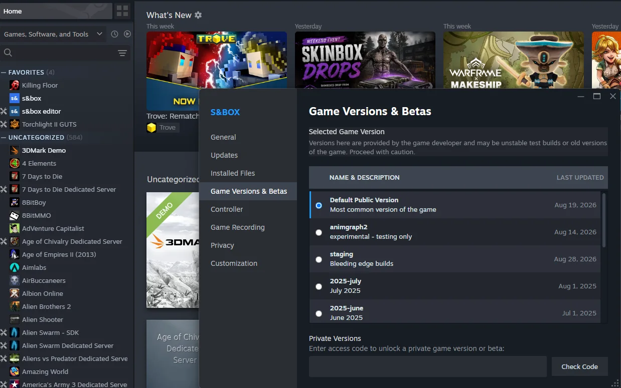 Steam’s Game Versions & Betas window for s&box, with the staging branch listed as Bleeding edge builds.
