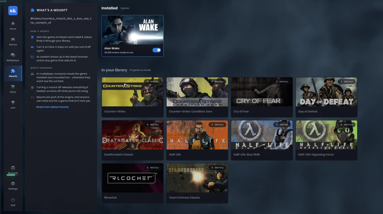 Alan Wake enabled in s&box’s Mounts tab.